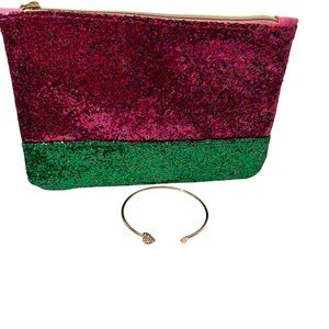 Rhinestone Heart Bracelet in Goldtone and Pink and Green Sparkles Cosmetic Bag.